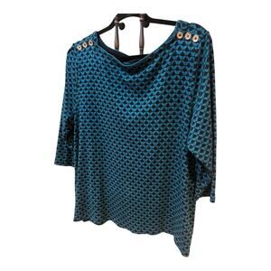 Croft & Barrow Women’s Top XXL Teal Black Print 3/4 Sleeve Button Shouldr Blouse
